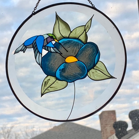 Blue Flower Hummingbird Stained Glass Sun Catcher - Picture 8 of 9